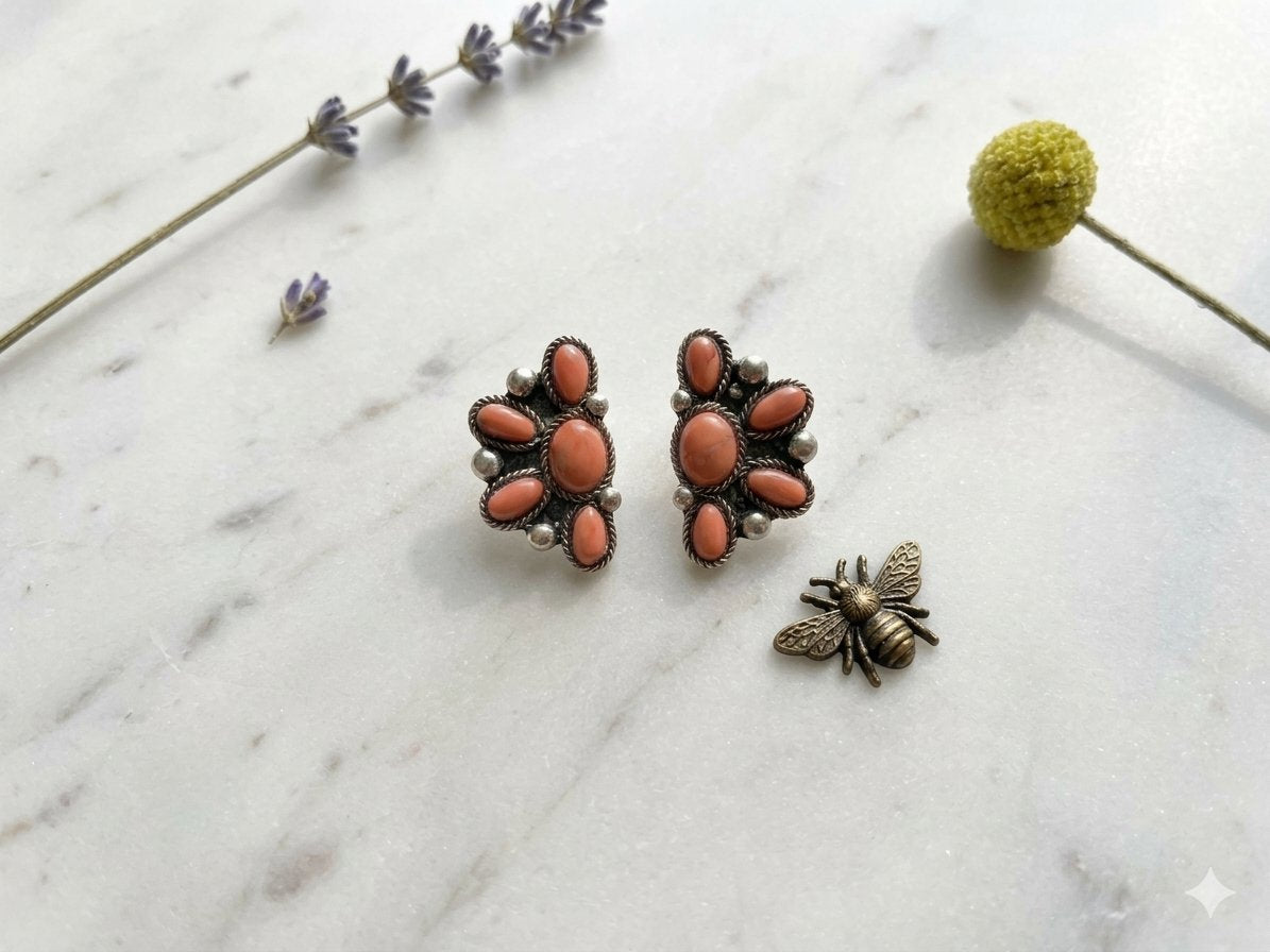 Vintage Southwestern Coral & Sterling Silver Cluster Statement Earrings