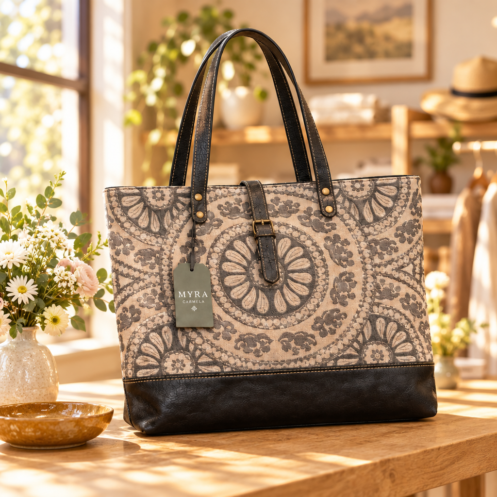 Myra Carmela Weekender Bag on a sunlit wood table with fresh flowers