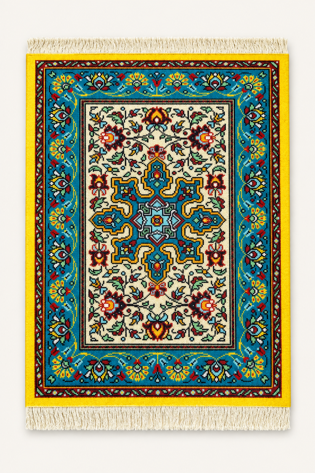 Blue and crimson floral medallion mouse pad with turquoise accents, a cream center, bright yellow border, and fringe.