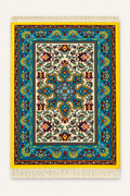 Blue and crimson floral medallion mouse pad with turquoise accents, a cream center, bright yellow border, and fringe.