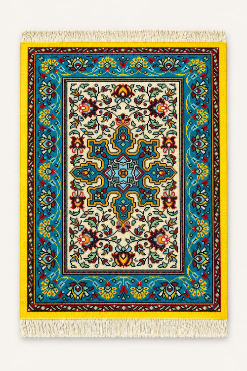Blue and crimson floral medallion mouse pad with turquoise accents, a cream center, bright yellow border, and fringe.