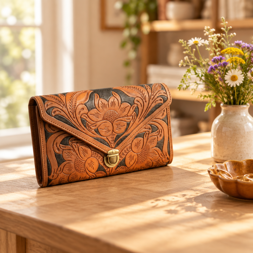 Myra Circe hand-tooled floral leather crossbody on a sunlit wood table with fresh flowers