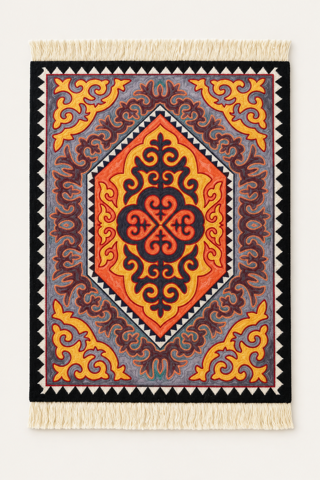 Orange mouse pad with a dark tribal-inspired motif, charcoal and lavender-gray details, geometric border, and fringe on an off-white background.