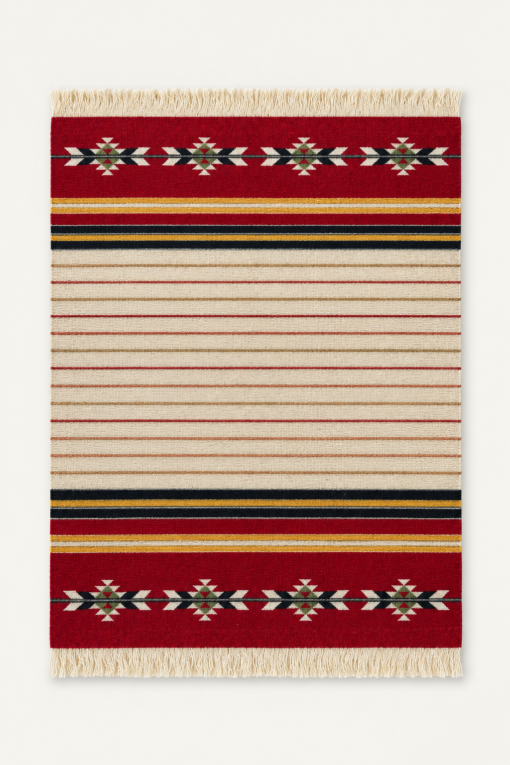 Red and cream striped mouse pad with navy, tan, and white geometric details and fringe on an off-white background.